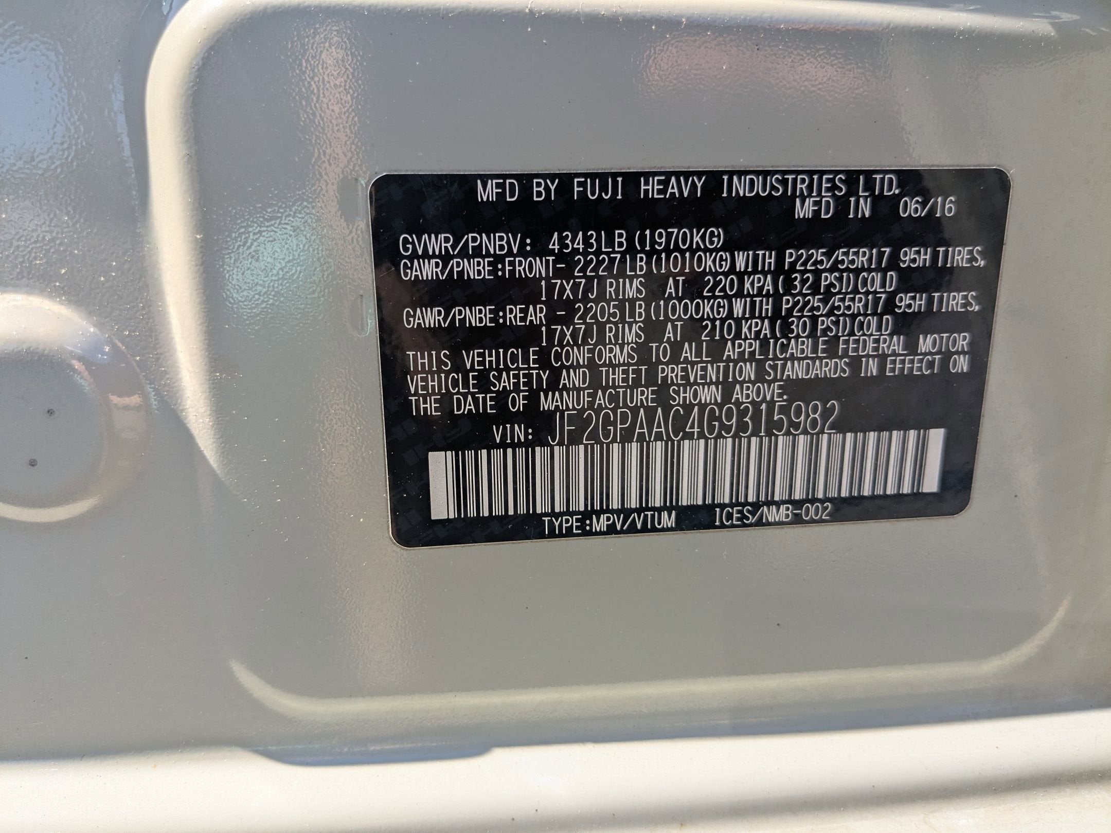 2016 Subaru Crosstrek 5DR 2.0I MT